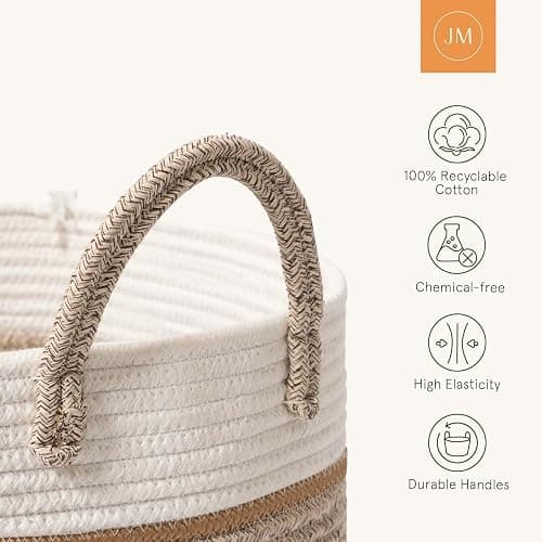 LA JOLIE MUSE Woven Basket Rope Storage Baskets - Tall Cotton Basket 16 x 14 x 14 Inches, Laundry Basket for Blanket, Kids Toy, Nursery Clothes Hamper Basket White & Desert thumbnail 5