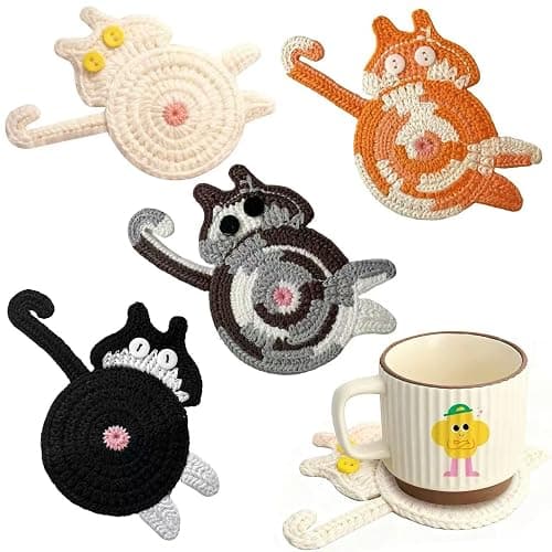 iYZZGH Drink Coaster, Woven Creative Coasters for Cat Lovers, Gag Gifts Cat Coffee Coaster for Desk Accessories Home Decor Tabletop Protection(Cat-4PCS) - Image 1