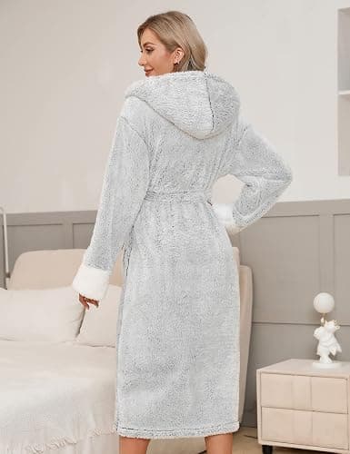 Uikue Long Bath Robe for Womens - Plush Soft Fleece Spa Bathrobes Cozy Warm Nightgown Ladies Pajamas Sleepwear with Pockets thumbnail 4