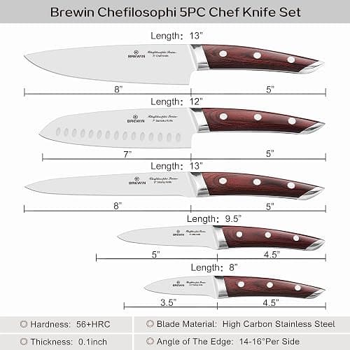 Brewin CHEFILOSOPHI Japanese Chef Knife Set 5 PCS with Elegant Red Pakkawood Handle Ergonomic Design,Professional Ultra Sharp Kitchen Knives for Cooking High Carbon Stainless Steel thumbnail 2