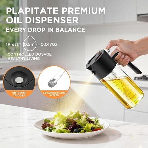 PLAPITATE 17oz/500ml Premium Olive Oil Sprayer for Cooking, 2 in 1 Glass Olive Oil Dispenser Bottle for Kitchen Gadgets, Spray Bottle with Portion Control for Salad, Frying, BBQ (Black) thumbnail 3