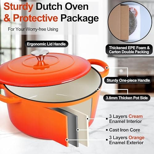 P&P CHEF 6QT Enameled Dutch Oven, Cast Iron Dutch Oven Pot with Lid for Bread Baking, Enameled Casserole Pot for Roasting Braising Stewing Frying Simmering, Various Stoves & Easy Clean, Orange thumbnail 4
