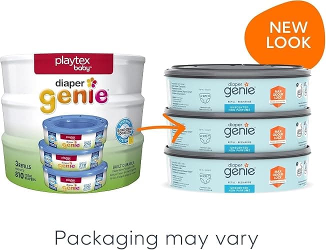 Diaper Genie Round Refill 3-Pack, Unscented Diaper Pail Refills, 270 Count | Unscented diaper pail refill bags with Max Odour Lock Technology help lock in odours and last up to 810 newborn diapers. thumbnail 3