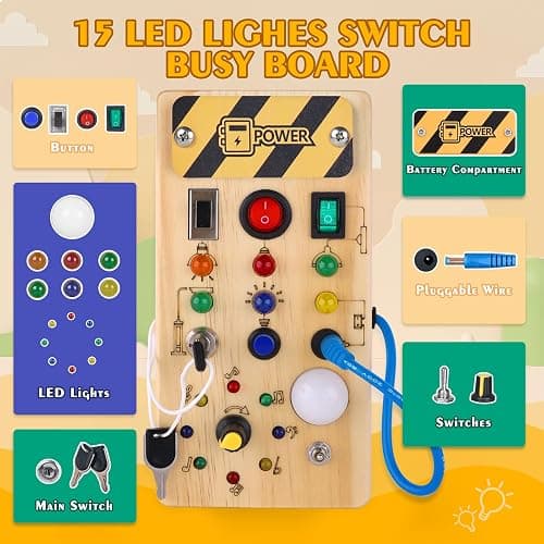 Hoarosall Montessori Wooden Busy Board with 8 LED Light switches, Sensory Toys Light Switch Travel Toys for 1+ Year Old Baby and Toddler thumbnail 3