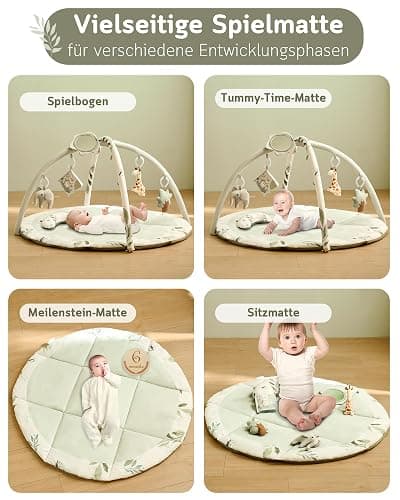Fortella Spielbogen Baby, Spielmatte mit Bauchzeit Kissen und 5 Sensorik Spielzeug Abnehmbarem,Naturthemen Krabbeldecke für Babys ab der Geburt, Neugeborene & Kinder, 0-6-9-12 Monate-Salbeigrün - Salbeigrün thumbnail 5