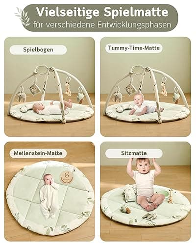 Fortella Spielbogen Baby, Spielmatte mit Bauchzeit Kissen und 5 Sensorik Spielzeug Abnehmbarem,Naturthemen Krabbeldecke für Babys ab der Geburt, Neugeborene & Kinder, 0-6-9-12 Monate-Salbeigrün - Salbeigrün thumbnail 6