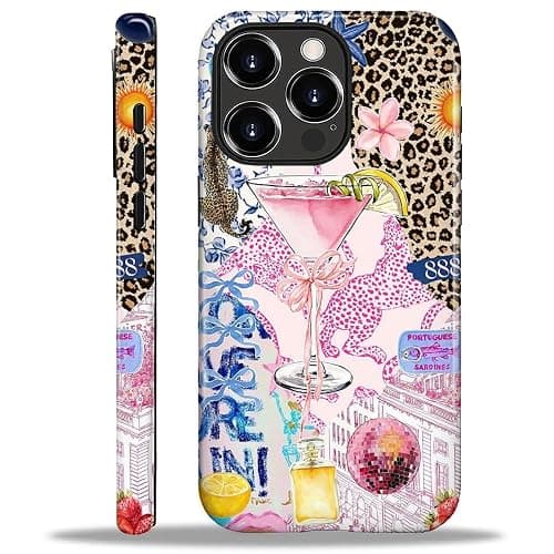 Compatible with iPhone 16 Pro Case - Dual-Layer Protection, Hard Shell with Silicone Interior,Slim Scratch Resistant Shockproof for Woman Men - Leopard Print Wine Glass Collage - Image 1