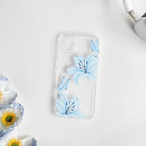 NITITOP Compatible with iPhone 13 Mini Case Clear Cute Butterfly Lily Flower Floral Pattern for Women Girls Full Camera Lens Clear Slim Shockproof Protective Phone Cover - Blue thumbnail 5