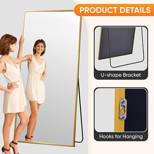 Suidia Full Length Mirror, 58"x18" Floor Standing Mirror Freestanding, Full Body Mirrors with Stand for Bedroom, Hanging Mounted for Living Room Cloakroom, Gold, Rectangular Style thumbnail 5