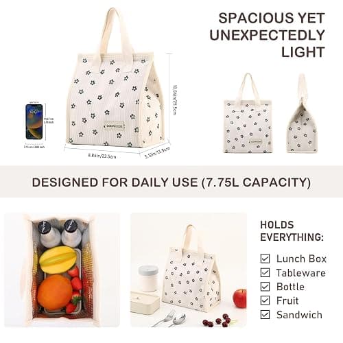 TELLUMO Corduroy Lunch Bag for Women Men Cute Lunch Bag Insulated Lunch Box with Large Capacity (7.5L) Reusable Lunchbag for Work, Picnic, Beach or Travel (S- Corduroy BlackClub) thumbnail 3