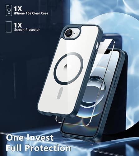 FNTCASE for iPhone 16e Case Clear: Magnetic Phone Cases with Screen Protector Drop Proof Compatible with Magsafe Slim Anti Yellowing Rugged Shockproof Protective Transparent Cell Cover (B-Blue) thumbnail 3