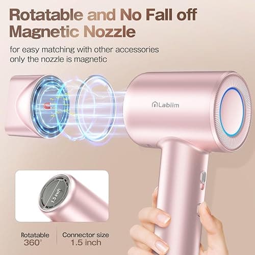Labiim Hair Dryer, High-Speed Ionic Low Noise Blow Dryer with Brushless Motor for Fast Drying, Thermo-Control Quiet Compact Hair Blow Dryer, Hairdryer with 1 Nozzle Attachments for Home Salon Travel thumbnail 6