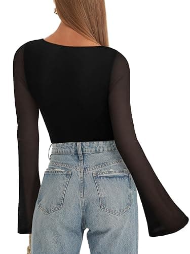 REORIA Women's Trendy Sexy Boat Neck Bell Sleeve Sheer Mesh Going Out Bodysuit Tops thumbnail 4