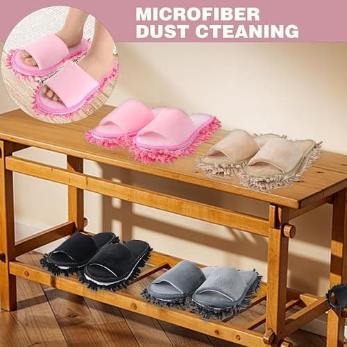 Meyeyaia 4 Pair Washable Mop Shoes,Removable Microfiber Cleaning Slippers,Mopping Slippers for Women and Men Home Office Floor Dust and Dirt Cleaning (Beige Gray Pink Black) thumbnail 7