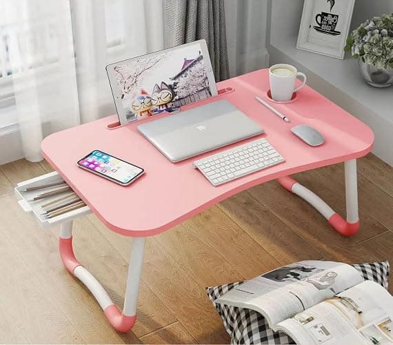 Laptop Bed Table, Foldable Laptop Desk Bed Tray with Storage Drawer, Lap Desk TV Tray for Breakfast Serving, Notebook Stand Reading Holder with Phone Slot and Cup Holder for Sofa Couch Floor-Pink thumbnail 3