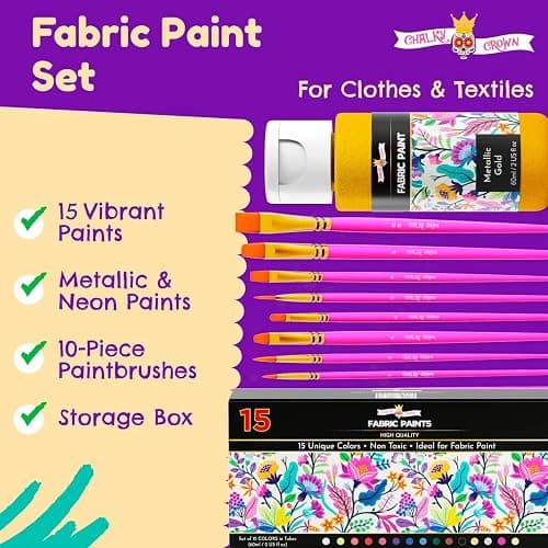 CHALKY CROWN Permanent Fabric Paint for Clothes, 15 Colors for Canvas, Textile, Fabric Paint Set - Child Safe Paint for Fabric with 10 Brushes & Storage Box (60ml each) thumbnail 2