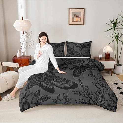 Feelyou Death Moth Comforter Set Full Size Kids Skull Decor Duvet Quilt for Boys Girls Teens Gothic Goth Skull Halloween Boho Moth Floral Black Grey Bedding Set Soft Lightweight Room Decor 3Pcs thumbnail 3