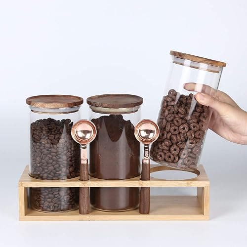KKC HOME ACCENTS Sealed Glass Food Storage Containers with Airtight Wood Lids and Scoops for Kitchen Counter,Air Tight Sealed Glass Jars for Coffee,Loose Leaf Tea,Brown Sugar,39 Fluid Ounces thumbnail 7