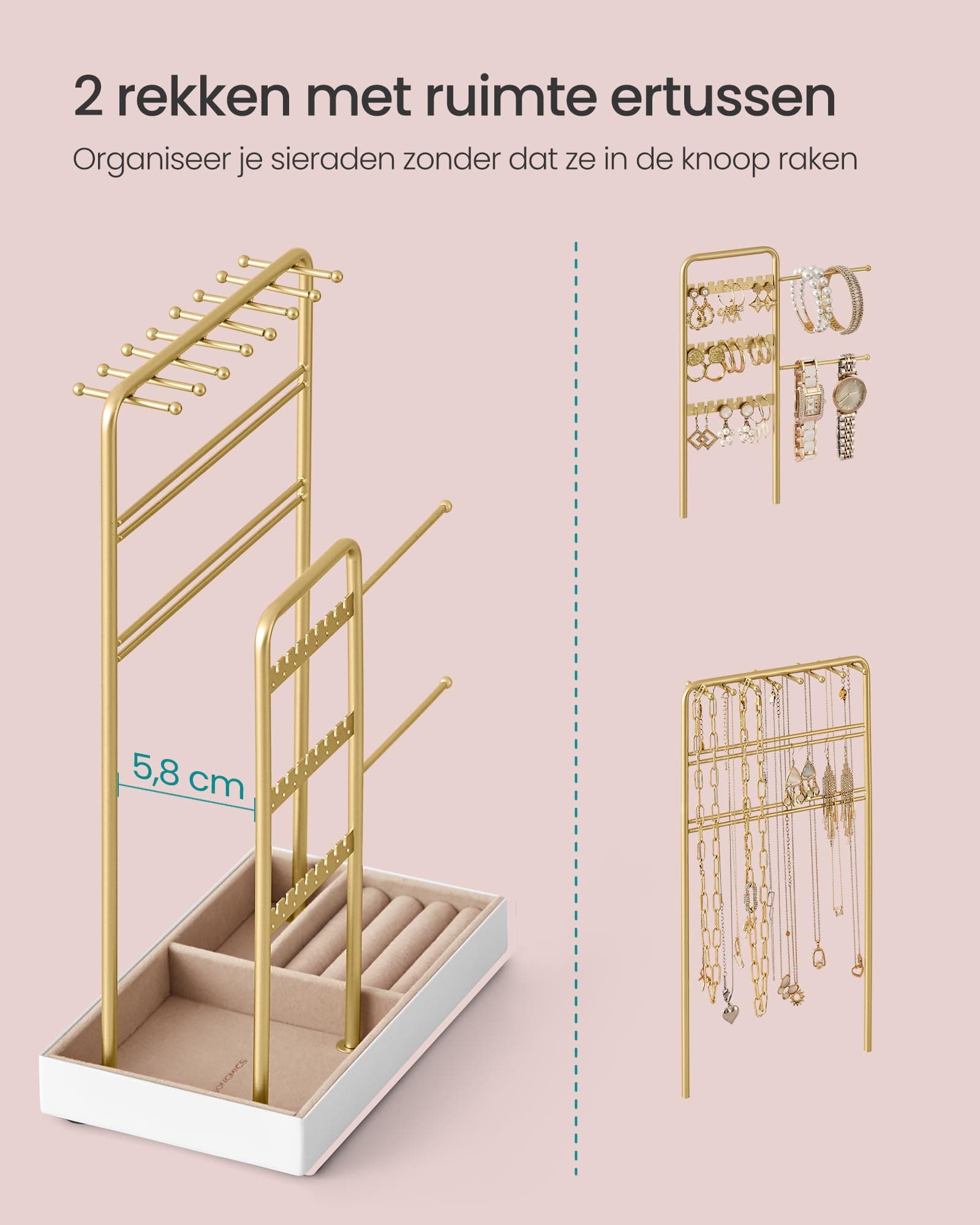 SONGMICS Sieradenstandaard, Sieradenhouder, Metalen frame, Fluwelen sieradenlade, Sieradenopslag voor kettingen, armbanden, oorbellen, oorbellen, ringen, cadeau-idee, Kerstmis thumbnail 3
