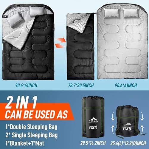 MEREZA Double Sleeping Bag for Adults Mens with Pillow, XL Queen Size Two Person Sleeping Bag for All Season Camping Hiking Backpacking 2 Person Sleeping Bags for Cold Weather & Warm thumbnail 5