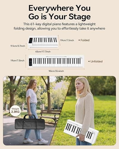 Rhymo Folding Piano Keyboard, 61 Keys Sensitive Electric Piano | Semi-Weighted Portable Electric Keyboard with Bluetooth MIDI, Digital Foldable Keyboard for Beginners(White) thumbnail 7