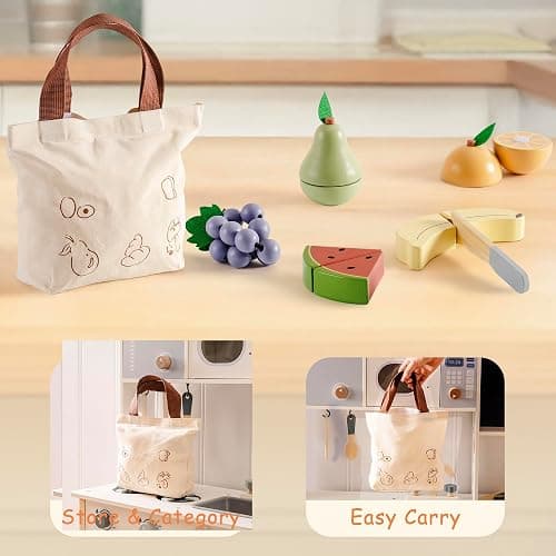 ROBOTIME Wooden Play Food Cutting Fruit Set, Pretend Play Toy Food for Play Kitchen with Shopping Bag – Kids Kitchen Accessories, Wooden Fruit Toys for Kids Boys Girls thumbnail 6