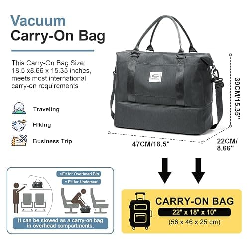 Weekender Bags for Women,Vacuum Overnight Travel Duffel Bag with Compression Pocket & Air Pump, Personal Item Travel Bag thumbnail 2