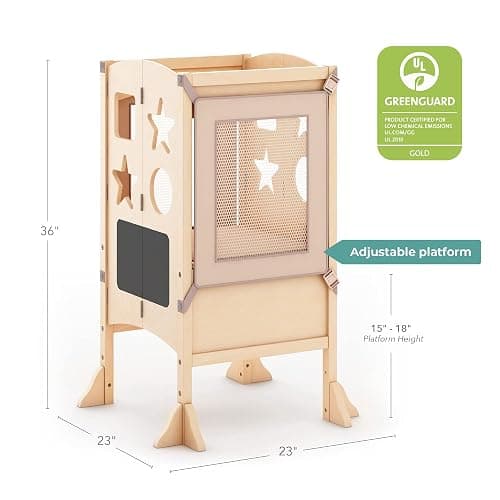 Guidecraft Classic Kitchen Helper® Toddler Tower and 2 Keepers - Natural: Folding Wooden Adjustable Height Platform, Kitchen Montessori Learning Step Stool, Chalkboard, Supports Up to 125lbs - Natural thumbnail 3