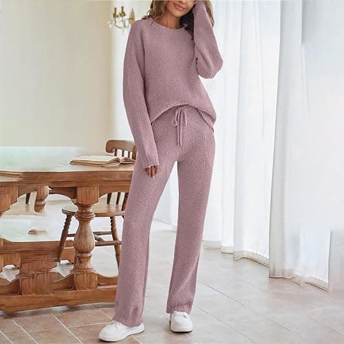 WWPPAION Womens Lounge Sets 2 Piece Outfits Fall Fuzzy Fleece Long Sleeve Loungewear Outfits Sweater Pants Pajama Sets thumbnail 3