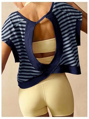 Floerns Women's Open Back Workout Top Striped Short Sleeve Gym Athletic Running Tees thumbnail 3