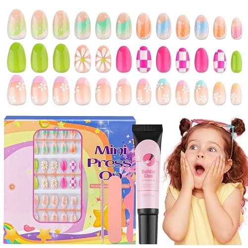 78PCS Press on Nails for Kids, TOROKOM Cute Kids Fake Nails Flower Kid Glue on Nail Short Almond False Nail Art Gift for Girls Children 8-12 Age with Nail Adhesive Tab & Quick-dry Nail Glue (3 Pack) - Image 1
