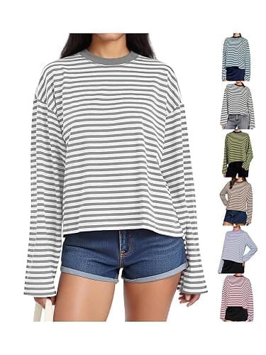 KOSUSANILL Striped Long Sleeve Shirt Women Oversized Baggy Crewneck Tshirt | Boxy Cropped Tee Tops Y2K Cute Preppy Sweatshirt Vintage Teen Girls Fall Pullover Top thumbnail 5