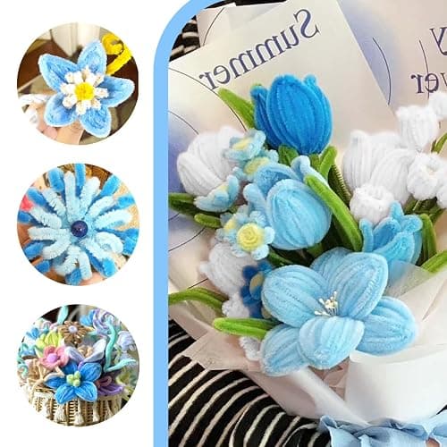 500 Pcs Pipe Cleaners Craft，5 Colors Pipe Cleaners Bulk,Chenille Stems Flowers Craft kit for DIY Handmade Bouquet Wrapping Party Decorations whit Ribbons，Stems,Tape，Stamens, Glue Sticks (Blue) thumbnail 4