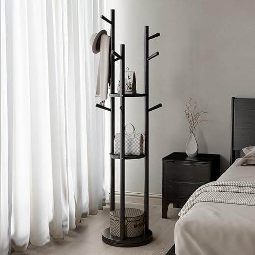 Muwuele Solid Wood Rotary Coat Rack, Freestanding Coat Rack with 3 Shelves and 9 Hooks, Coat tree for Bedroom, Entryway, Livingroom, Coat Hanger Stand for Coats, Scarves, Handbags (Black) thumbnail 3