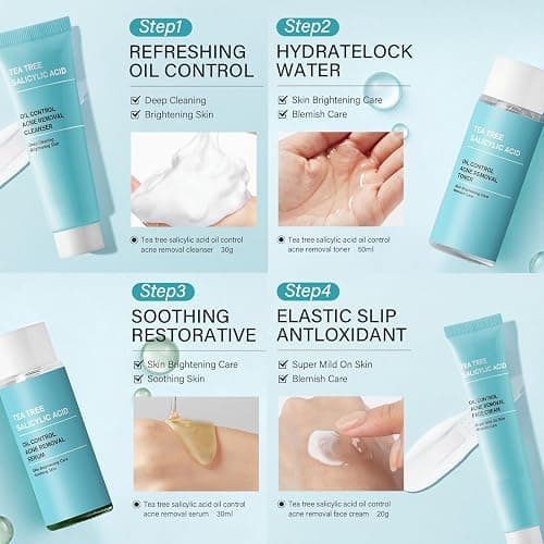 Tea Tree Acne Skin Care Sets & Kits - Salicylic Acid Acne Removal Skincare Set - Teen Skincare Gift Set With Cleanser, Toner, Serum, Cream - Complete Acne Treatment Kit for Oily, Acne-Prone Skin thumbnail 4
