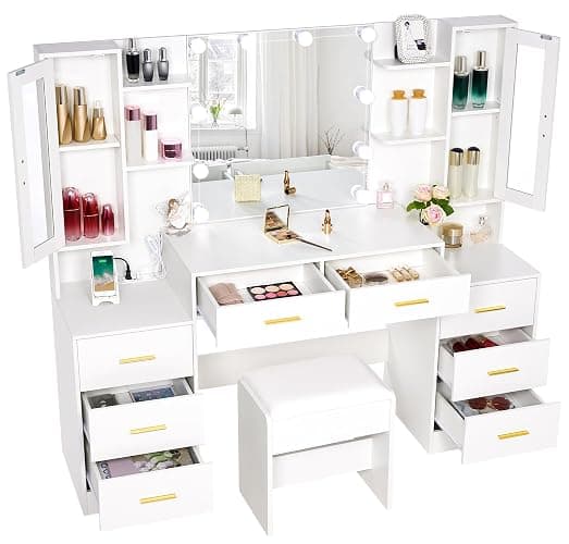 ANWBROAD 59.1" Large Vanity Desk with Mirror & Lights White Makeup Vanity Set with Power Outlet and 8 Drawers 3 Lighting Modes Adjustable Dressing Table for Girl Women Bedroom Dressing Room UBDT67W thumbnail 8