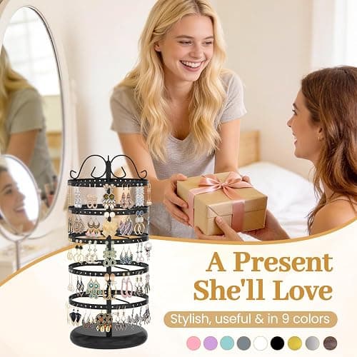 MODOWEY Rotating Earring Holder Organizer Stand, 5 Tier Metal Tree Display for Women Vendors, 220 Holes Adjustable Jewelry rack for Stud Hoop Dangle Storage, Trendy Carousel Keeps Dresser Neat, Black thumbnail 6