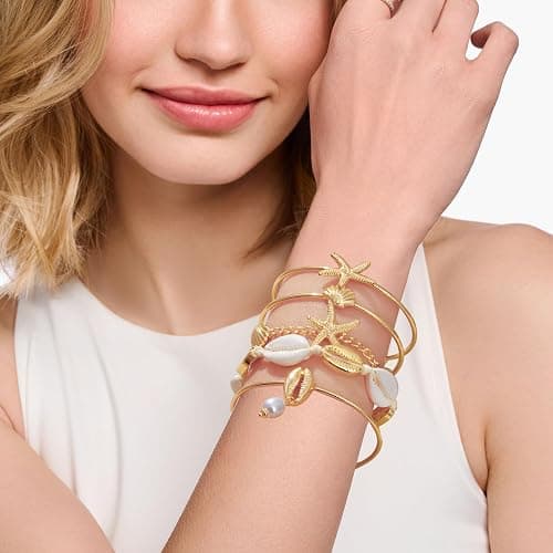 SLYAIH Shell Bracelet Seashell Boho Beaded Stretch Bracelets for Women Summer Beach Bracelets Starfish Charm Bracelet Stackable Gold Plated Bracelets Set for Women thumbnail 4