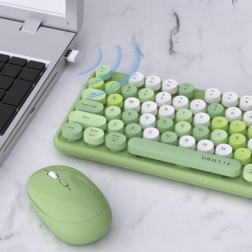 UBOTIE Colorful Computer Wireless Keyboards Mouse Combos, Typewriter Flexible Keys Office Full-Sized Keyboard, 2.4GHz Dropout-Free Connection and Optical Mouse (Green-Colorful) thumbnail 3