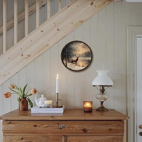 VONTP Vintage Moody Farmhouse Deer Wall Art Decor, Rustic Winter Forest Deer Landscape Wooden Wall Hanging Decor for Home Bedroom Living Room Cabin, 9.8x9.8 Inch thumbnail 3
