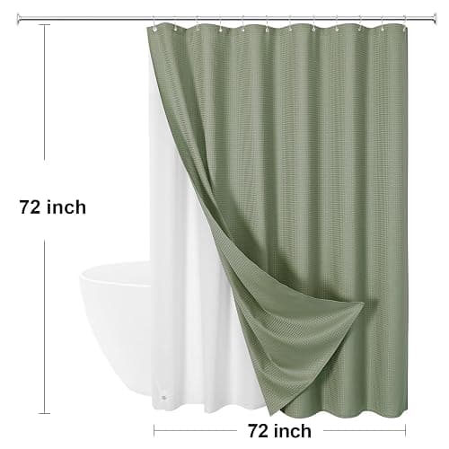 Craidlela 3 in 1 Shower Curtain Set, Sage Green Waffle Shower Curtain and PEVA Liner Set with 12 Stainless Steel Shower Curtain Hooks, Waterproof Fabric Shower Curtains for Bathroom, 72 W x 72 H thumbnail 2