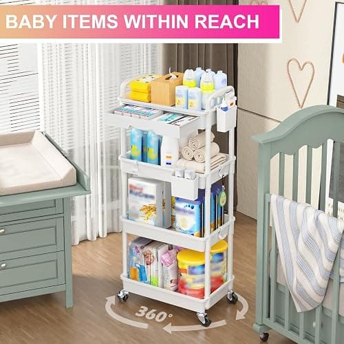Goovilla 4 Tier Rolling Utility Cart Organizer with Removable Drawer, Stable and Sturdy White Rolling Storage Carts with 2 Lockable Wheels for Bathroom, Kitchen, Snack, Craft, Makeup, Baby Essentials thumbnail 6