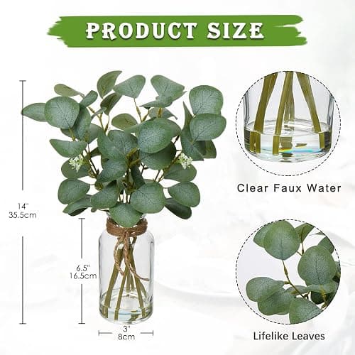 Briful Artificial Eucalyptus Stems in Glass Vase with Faux Water, 14" Fake Plant Eucalyptus Leaves for Home Bathroom Office Farmhouse Wedding Centerpiece Décor thumbnail 3