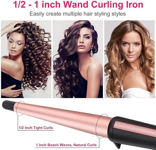 Hair Curling Wand, 13-25MM Tapered Curling Iron, Professional Ceramic Hair Curler Wand with Heat-Resistant Glove, Dual Voltage (Rose Gold) thumbnail 3
