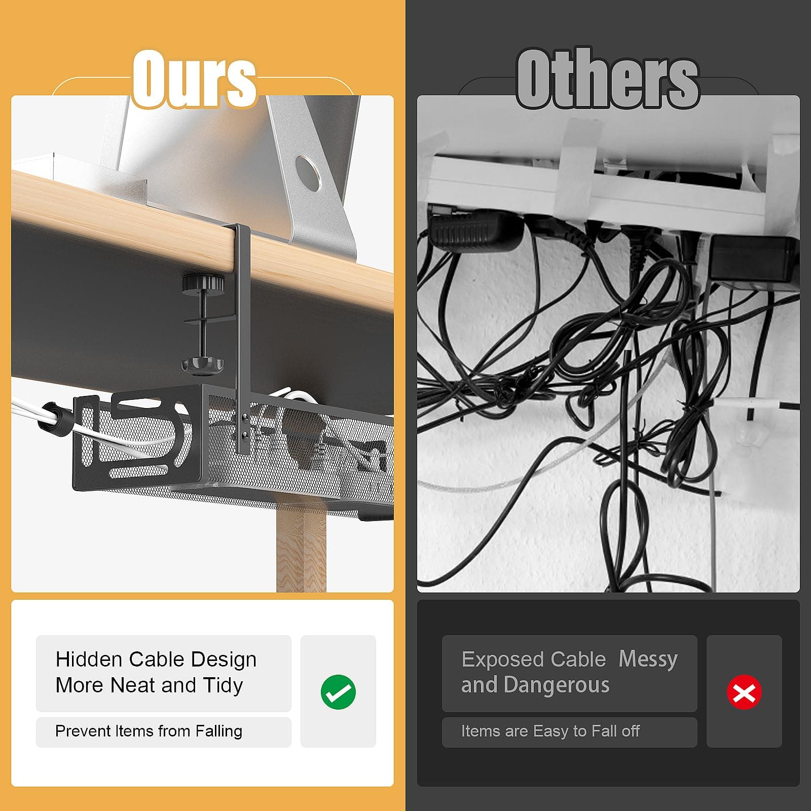 Under Desk Cable Management Tray No Drill, Metal Mesh Cable Tray with Clamp for Desk Wire Management, Desk Cable Management Box and Cord Organizer for Office, Home thumbnail 2