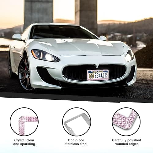 Bling License Plate Frames 2 Pack - Stainless Steel Rhinestones Car Accessories with 1200 Crystals, Universal Fit Decorative Diamond Plate Covers for Women Men All Cars -Pink thumbnail 2