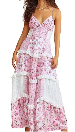 ebossy Womens Lace Patchwork Floral Maxi Dress Spaghetti Strap Sexy Backless Ruffle Tiered Boho Beach Sundresses - Image 1