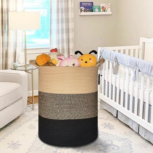 COMSE Extra Large Blanket Basket, Tall Woven Storage Basket, Nursery Hamper, 15.7”x 21.7”, Cotton Rope Laundry Hamper for Toys Clothes Towels, Brown/Black thumbnail 7