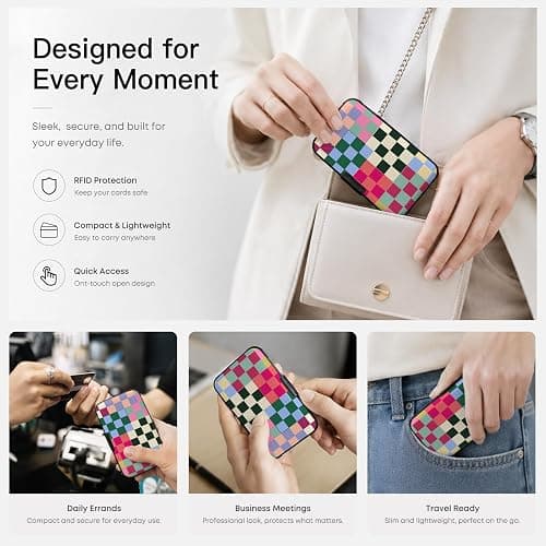 WixScribe Credit Card Holder Multicolor Checker Mini Aluminum Wallet | ABS Business ID Case,Hard Case Large Capacity 6 Slots, Waterproof Durable ，Secure Closure Slim Small Credit Card Protector thumbnail 6