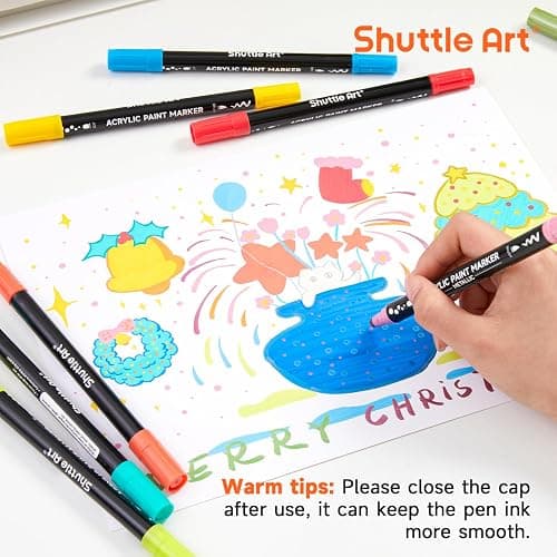 Shuttle Art 28 Colors Dual Tip Acrylic Paint Markers, Brush Tip and Dot Tip Acrylic Paint Pens for Rock Painting, Ceramic, Wood, Canvas, Plastic, Glass, Stone, Calligraphy, Card Making, DIY Crafts thumbnail 5